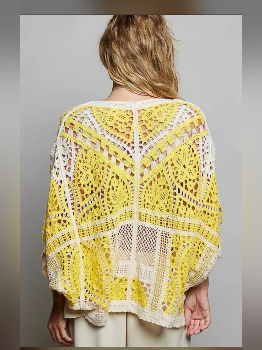 301. BRAND NEW POL Yellow and Cream Crochet Open-Front Cardigan - Picture 2 of 2
